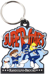 A black PVC keychain featuring a family  of cartoon characters in blue superhero outfits and a white dog under a red "SUPERSTARS" logo.