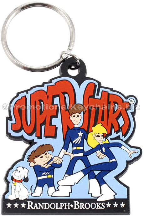 A black PVC keychain featuring a family  of cartoon characters in blue superhero outfits and a white dog under a red "SUPERSTARS" logo.