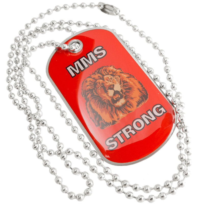Close up Full Color Stainless Steel Dog Tag with ball chain. Design shows a lion and text on a red background. 