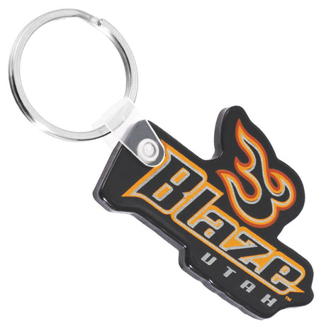 Black and gold vinyl keychain die cut in the shape of the Utah Blaze logo. 