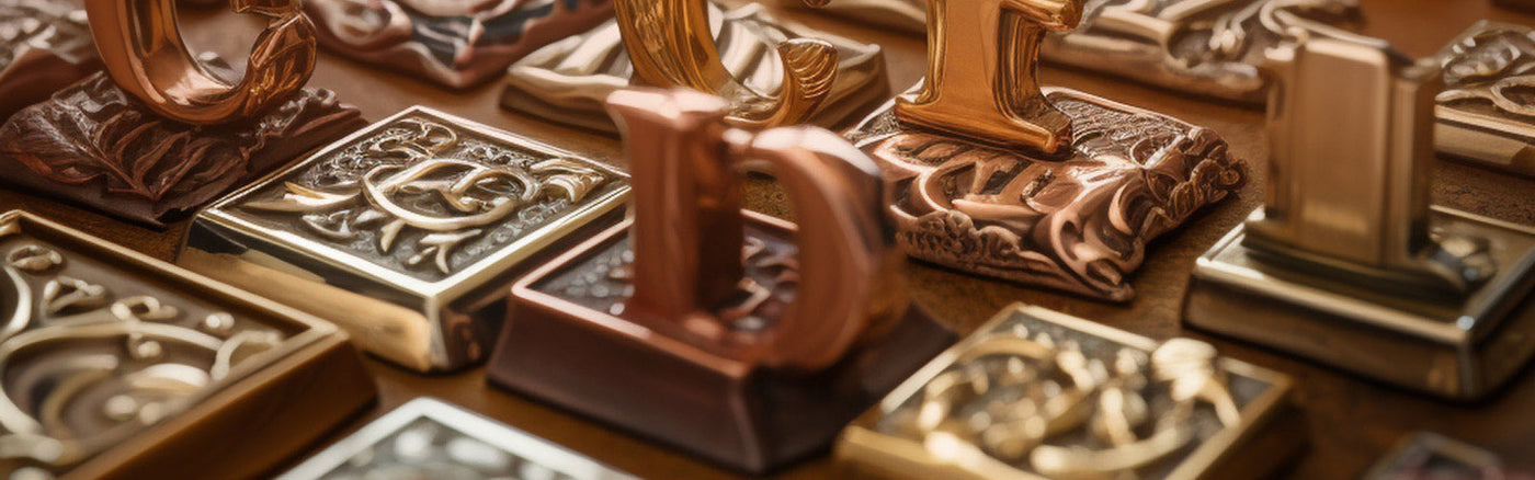 Collection of decorative metal objects with various platings intricate designs on a wooden surface.