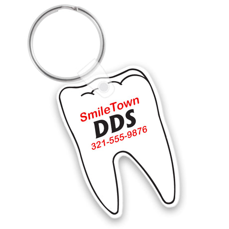 Tooth shaped vinyl keychain. Example shows a white vinyl with custom red and black text imprint. 