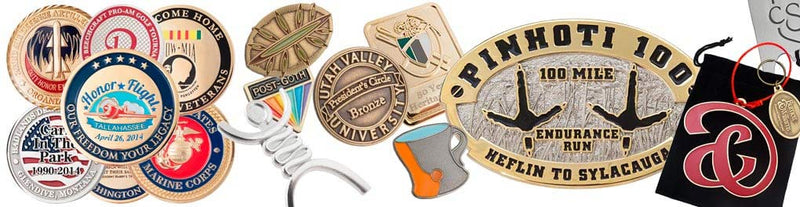 Collection of various medals, pins, buckles and keychains with different designs and text.
