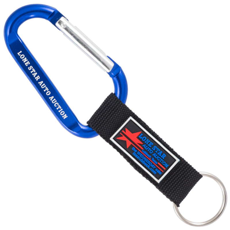 A blue carabiner keychain with custom PVC emblem attached to nylon strap, featuring Lone Star Auto Auction logo and promotional text.