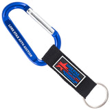A blue carabiner keychain with custom PVC emblem attached to nylon strap, featuring Lone Star Auto Auction logo and promotional text.