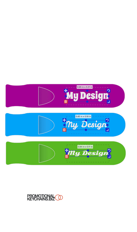 Three colorful safety whistles templates with 'My Design' text on a white background