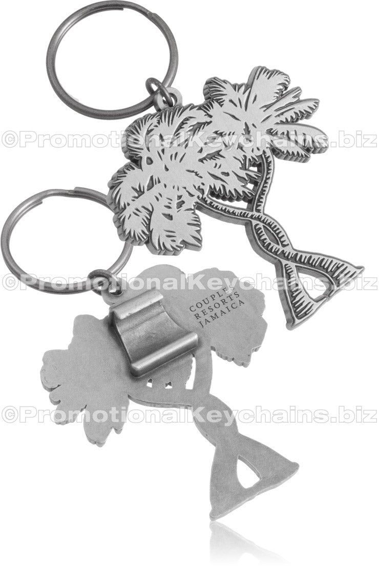 Custom palm tree shaped claw style bottle opener. Image shows the front side with the palm tree design and also the back side with the bottle opener claw style hook. 
