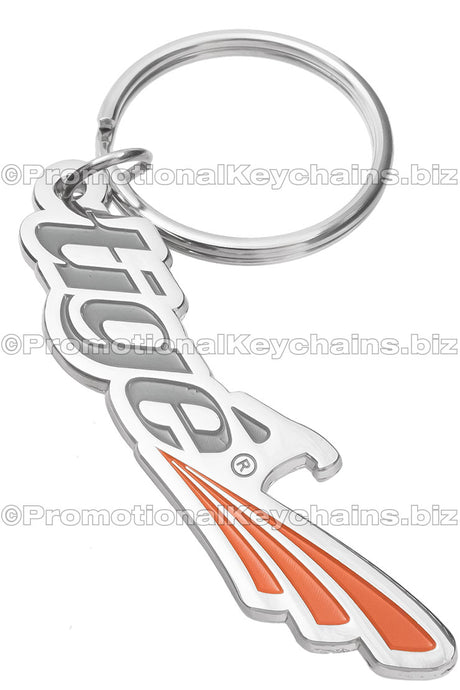Custom Logo Shaped Bottle Openers keychain, example shows a text themed logo with orange enamel swoosh design at the end. 