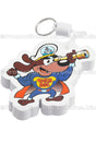 A full color foam floating keychain featuring a cartoon dog in a captain's hat and superhero cape, holding a telescope, labeled "WATCH DOG." 
