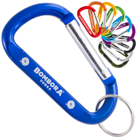 A closeup of a blue 80mm engraved carabiner with smaller images next to it in 8 different colors, on a white background.