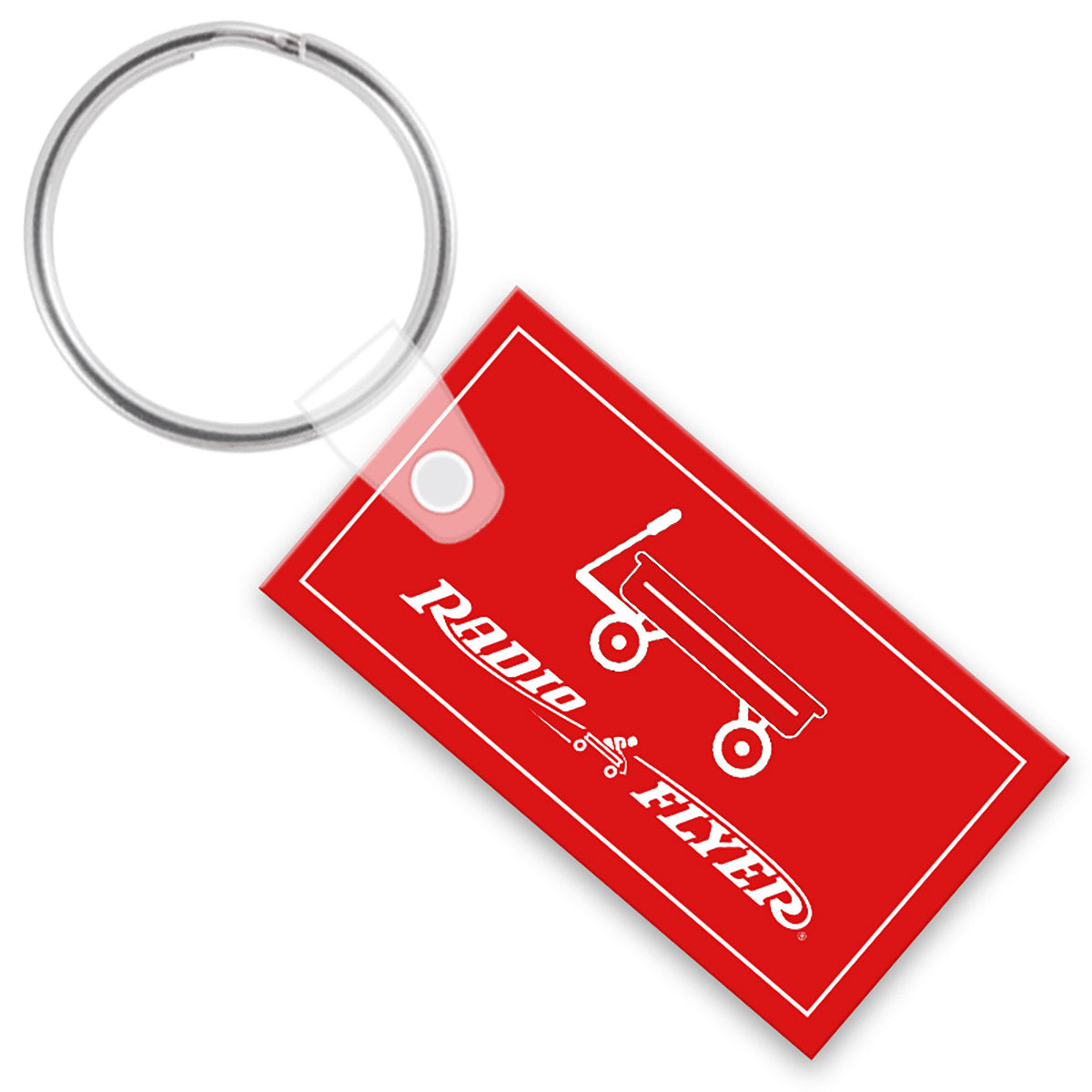 Red rectangle keychain with a white custom imprint