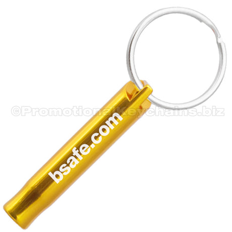 Example of gold Mini Bobby Style Engraved Safety Whistles showing custom engraving. 