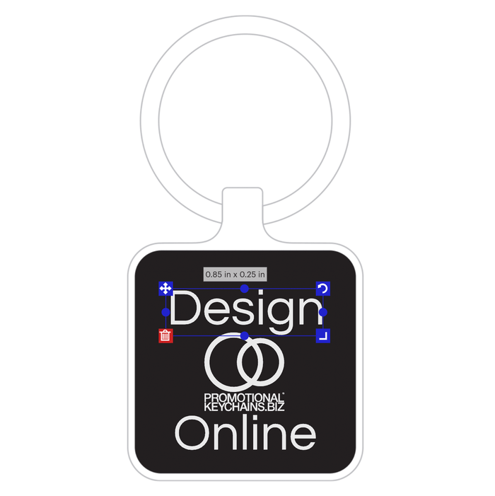 Black keychain template with text 'Design Online Promotional Keychains' on a white background
