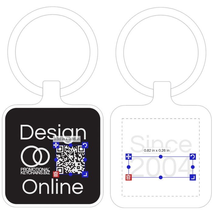 Black keychain template with white text and QR code, showing front and back views.