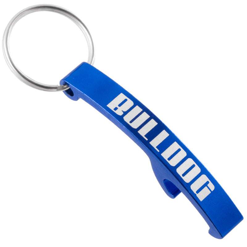 Example of royal blue Lasered Arc Keychain Bottle Opener. Engraving is a silvery white color and says Bulldog in bold letters. 