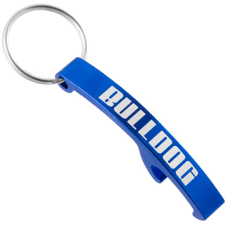 Example of royal blue Lasered Arc Keychain Bottle Opener. Engraving is a silvery white color and says Bulldog in bold letters. 