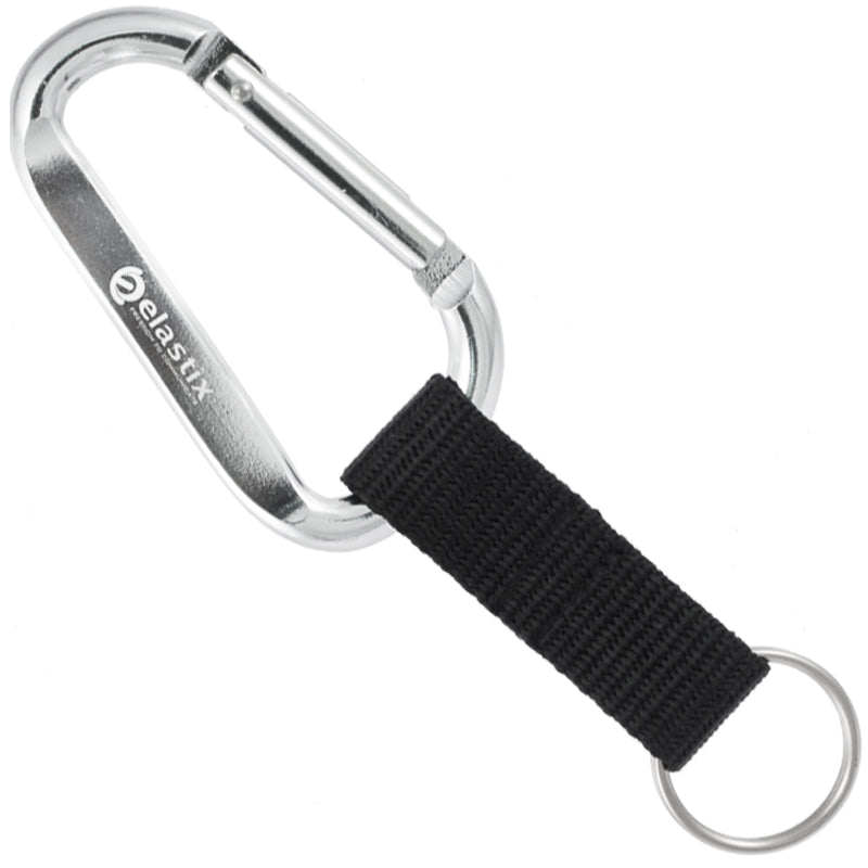 Silver carabiner with strap and elastix logo laser engraved.