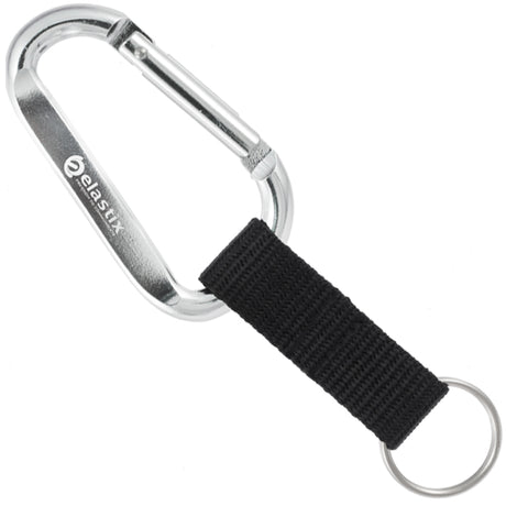 Silver carabiner with strap and elastix logo laser engraved.