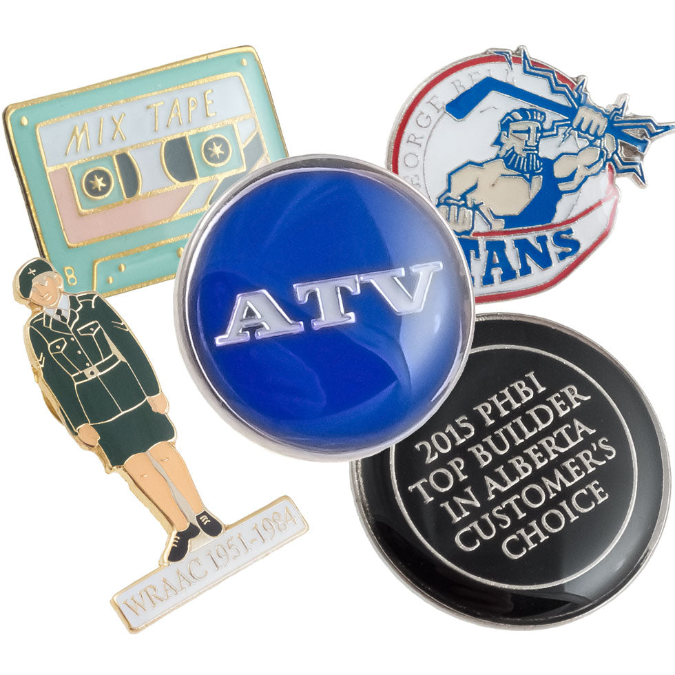 Layered image of Classic Raised Metal with Epoxy lapel pins showing different colors and shapes. Designs shown included a silver and blue pin with text ATV, another design is a figure in uniform, and another design of a mixed tape.  