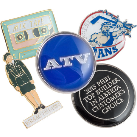Layered image of Classic Raised Metal with Epoxy lapel pins showing different colors and shapes. Designs shown included a silver and blue pin with text ATV, another design is a figure in uniform, and another design of a mixed tape.  