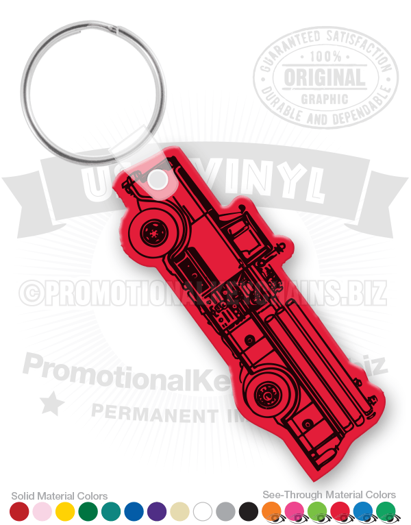 Fire Truck shaped vinyl keychain in red on white background.