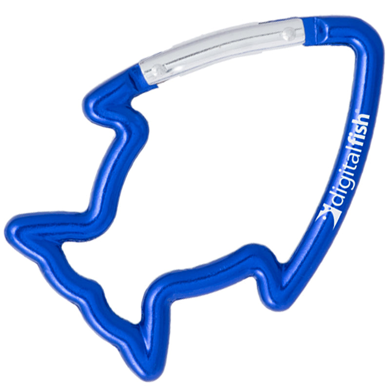 A blue carabiner in the shape of a tropical fish, laser engraved with DigitalFish logo.