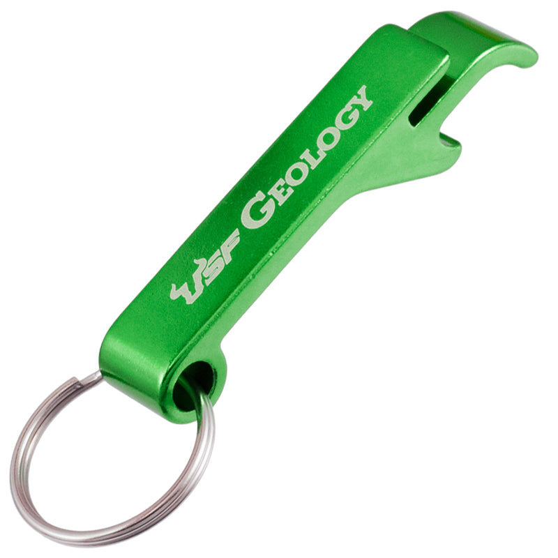 Example of green FlipTop Bottle Opener Keychains. Custom logo engraved on bottle opener top. 
