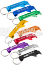 Multiple FlipTop Bottle Opener Keychains in different colors and with examples of different engraving designs. Colors shown are aqua, royal blue, green, gold, orange, red, purple, silver, black. 