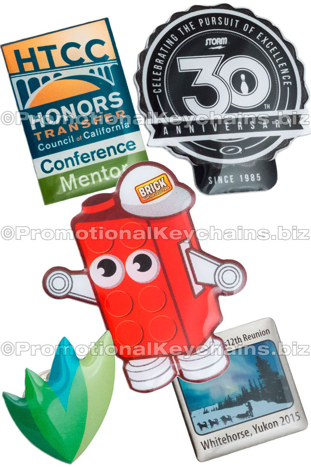 Group of Full Color Graphic Die Cut showing different designs and shapes. One shape is a Lego brick with eyes and arms. Another is a 30th anniversary design. 
