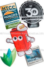 Group of Full Color Graphic Die Cut showing different designs and shapes. One shape is a Lego brick with eyes and arms. Another is a 30th anniversary design. 