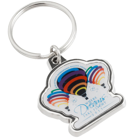 A polished nickel keychain with a full-color imprint featuring rainbow hot air balloons and the text "Where Dreams Take Flight". 