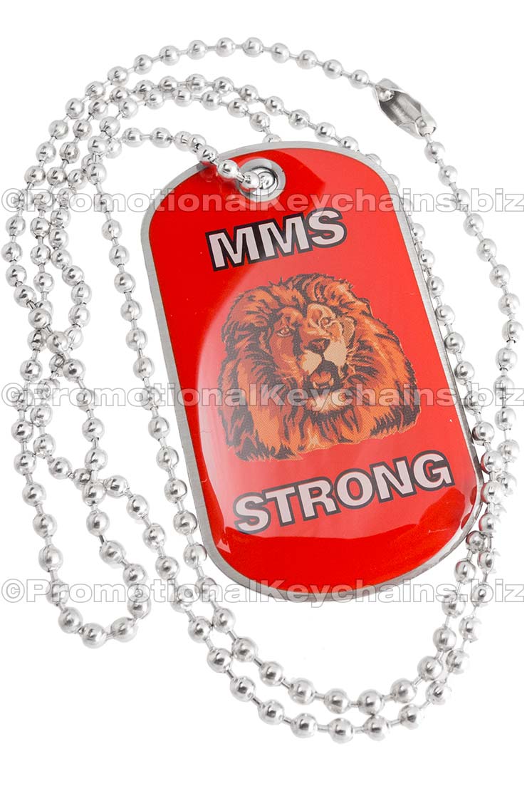 Full Color Stainless Steel Dog Tag with ball chain. Design shows a lion and text on a red background. 