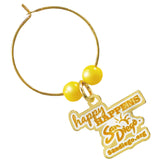 A polished brass wine charm with yellow beads, featuring a tag that reads "Happy HAPPENS San Diego" and the website "sandiego.org".