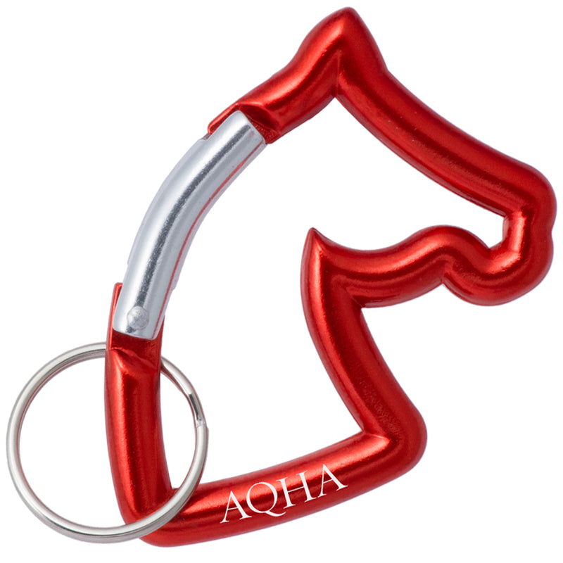 Red carabiner in the shape of a horse head with AQHA branding laser engraved.