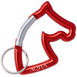 Red carabiner in the shape of a horse head with AQHA branding laser engraved.