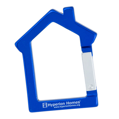 Blue house shaped carabiners featuring Hyperion Homes custom laser engraved logo.