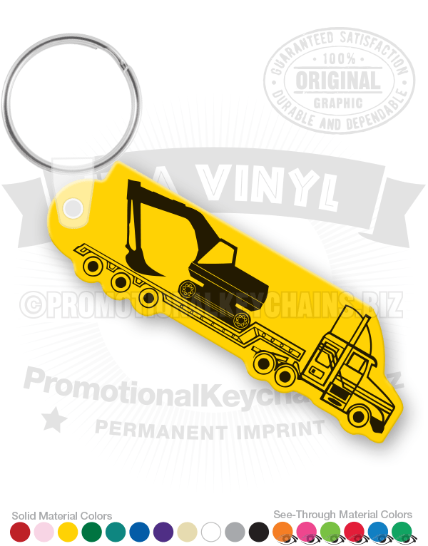 A lowboy construction hauler truck vinyl keychain carrying an excavator in the bed of the truck.