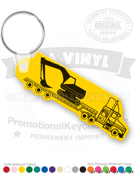 A lowboy construction hauler truck vinyl keychain carrying an excavator in the bed of the truck.