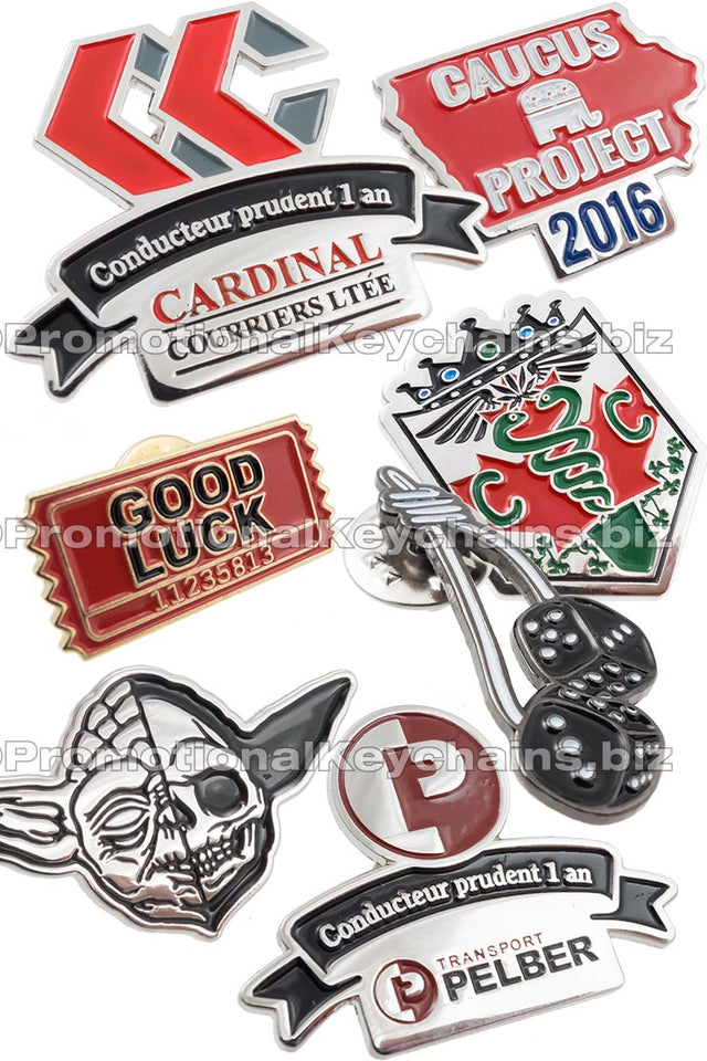 Group of Value Series, soft enamel, Classic Die Struck lapel pins showing different colors and shapes. 
Designs include a silver and black Yoda pin, Gold and red ticket pin, and shield shaped pin with green snakes on it. 