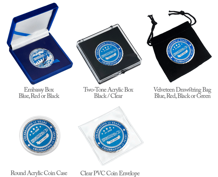 Collection of coin storage and display items with blue, red, and black color options.
