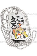 Example of custom die cast dog tag with polished silver metal. Design has a dragon and text done is black, yellow and orange hard enamel colors. Example also contains the 30" necklace ball chain. 