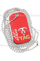 Example of custom die cast dog tag with polished silver nickel plating. Design has a red hard enamel and text in the nickel plating. Dog tag has the 30" necklace ball chain circling it. 