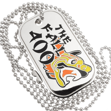 Close up example of custom die cast dog tag with polished silver metal. Design has a dragon and text done is black, yellow and orange hard enamel colors. Example also shows the 30" necklace ball chain. 