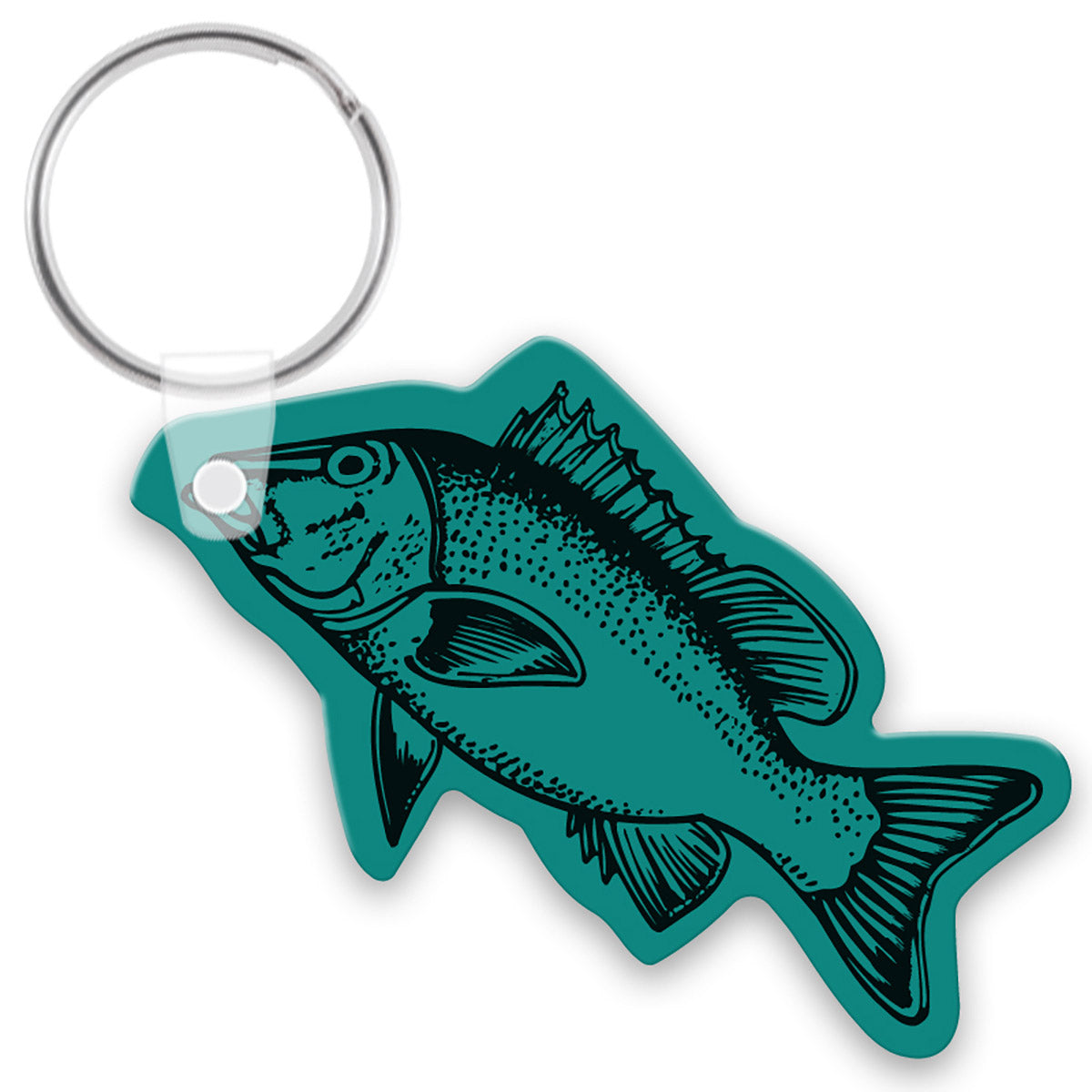 Teal colored keychain shaped like a bass fish with a black custom imprint