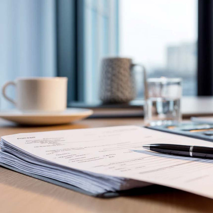 Open notebook with pen, coffee cup, purchase order, and glasses on a desk.