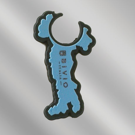 A blue and black PVC wine glass charm featuring the text "BIVIO - ITALIA" embossed on the center.