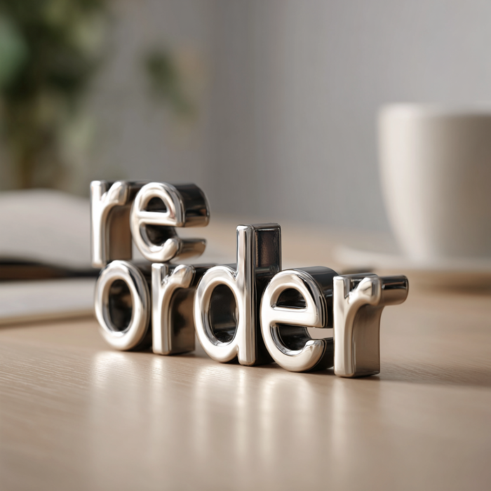 Metallic 'reorder' letters on a wooden surface with a soft office background.