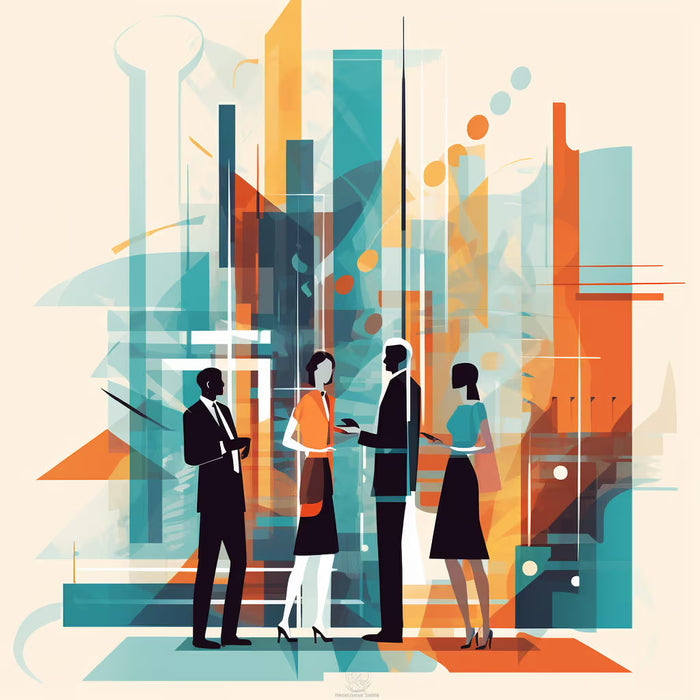 Abstract illustration of people in formal  business attire having a conversation against a colorful geometric background.