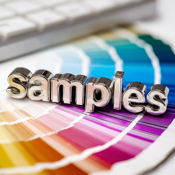 Color swatch book with metallic 'Samples' text overlay