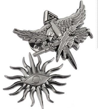 Image of two 3D custom shaped lapel pin designs. One with an eagle and one with an eye. 